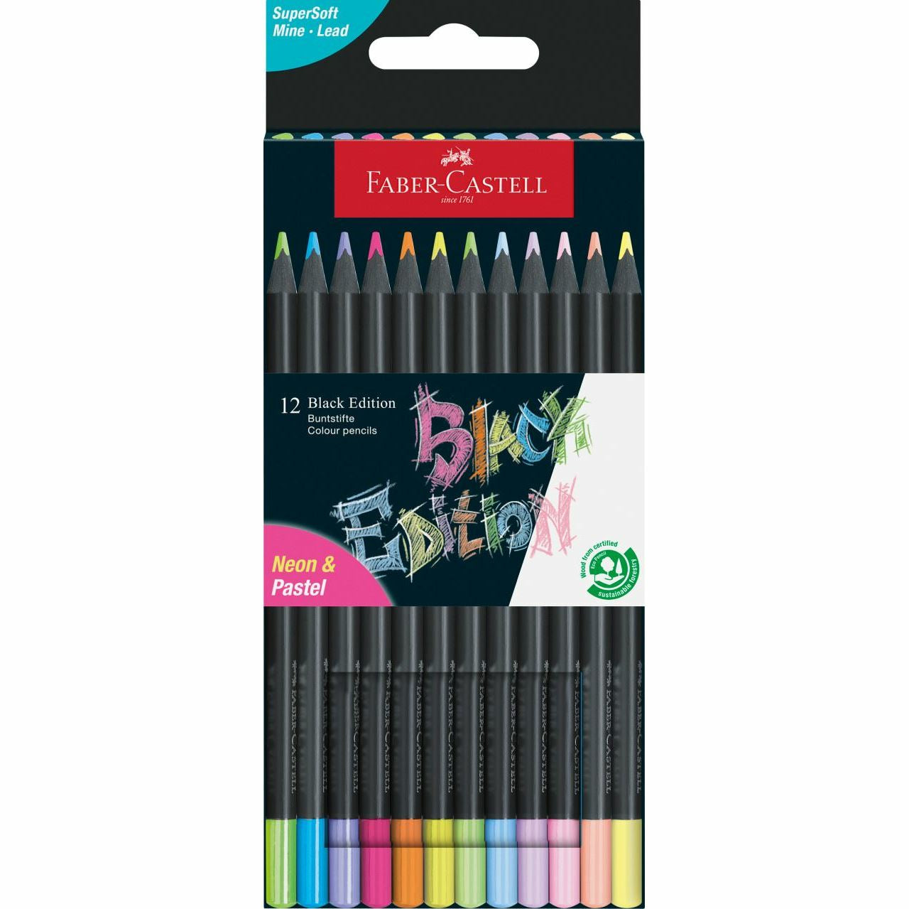 Faber-Castell Buntstifte Black Edition – 12 Farben, im Kartonetui, Ø 3 mm, dreikantig, FSC