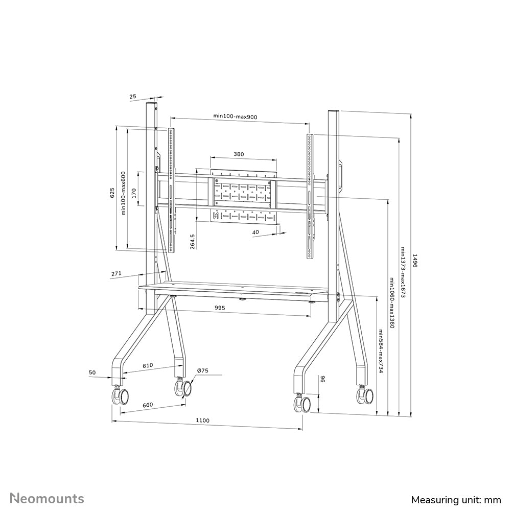 Neomounts FL50-525BL1 – Trolley, höhenverstellbar, für 55–86", VESA 100×100–900×600, bis 76 kg, schwarz