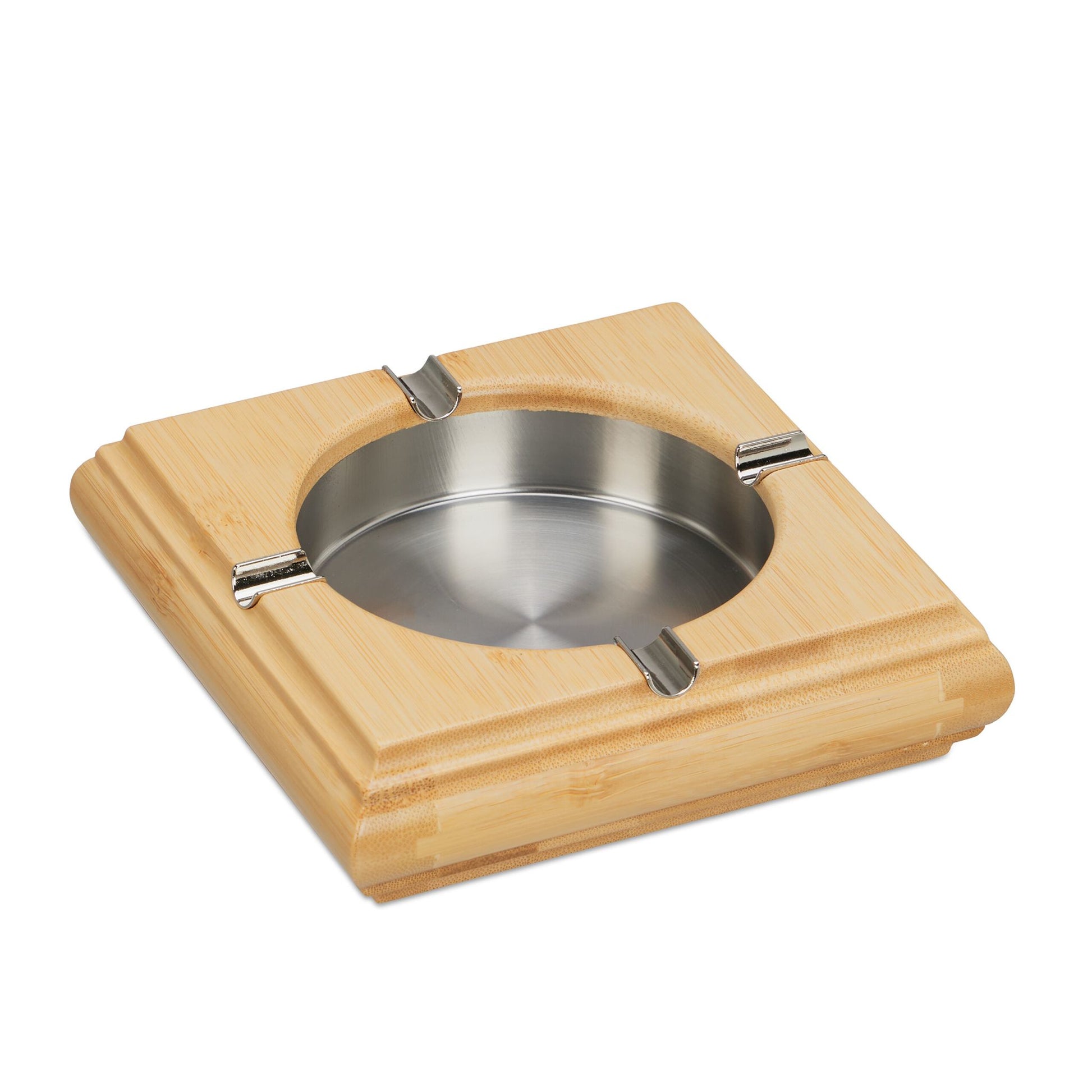 Relaxdays Aschenbecher – 15 × 15 × 4 cm, Bambus/Edelstahl, Braun/Silber