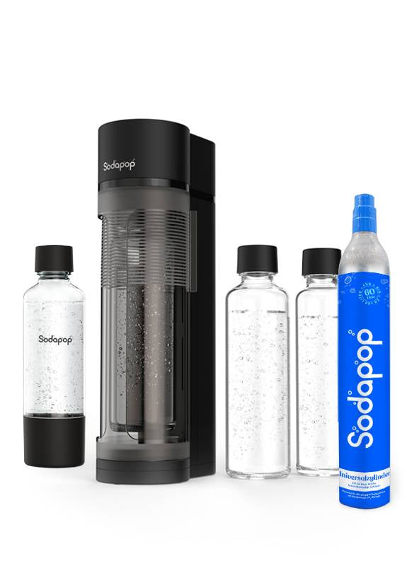 mySodapop Sodapop – Wassersprudler, 3 Flaschen (2× Glas, 1× Kunststoff), CO₂-Zylinder 0,6 l, Schwarz matt