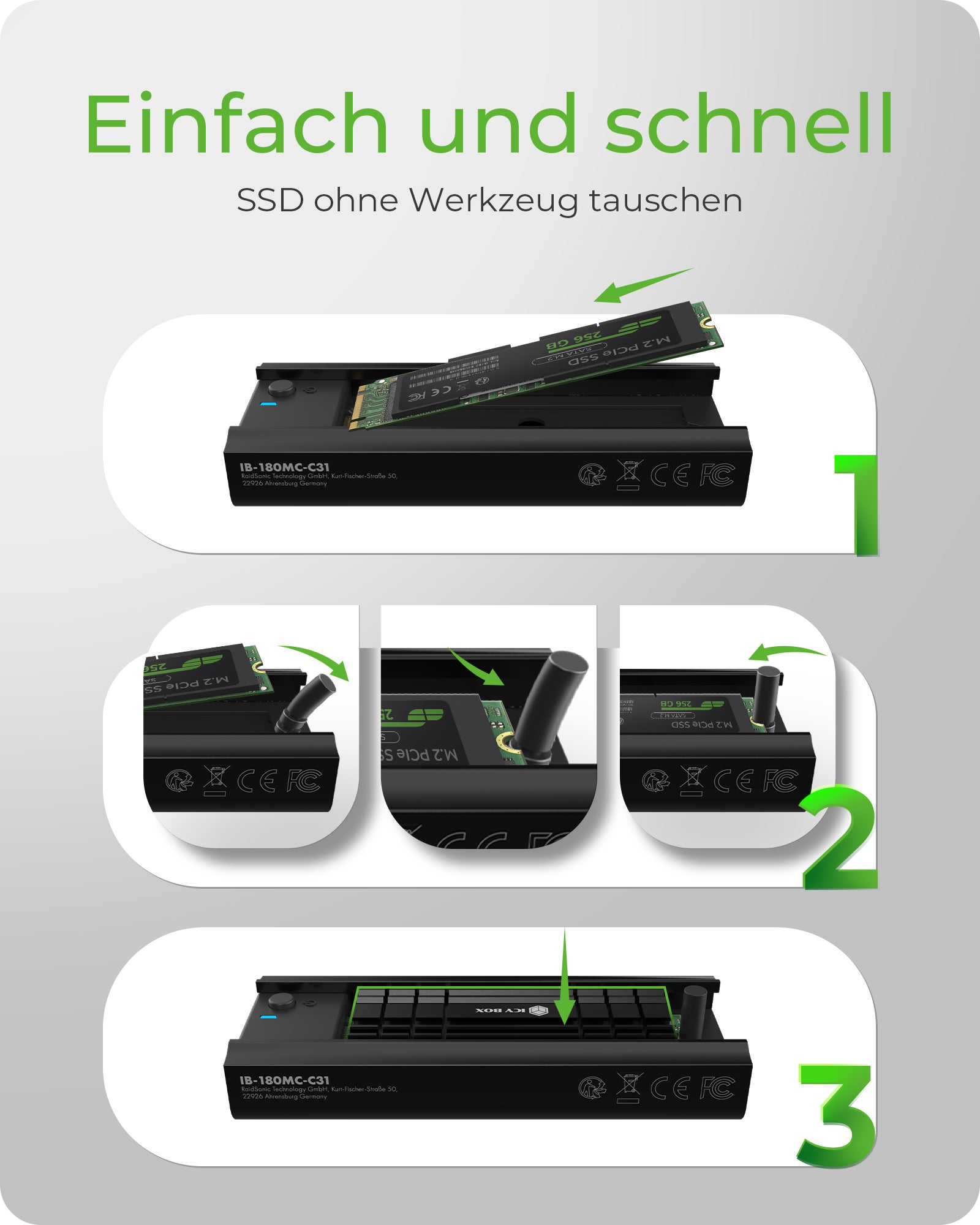 ICY BOX IB-180MC-C31 – 1-Bay SSD-Gehäuse – USB 3,2 Gen 2 (10 Gbit/s), für M.2 22×42/22×60/22×80 mm, NVMe/SATA
