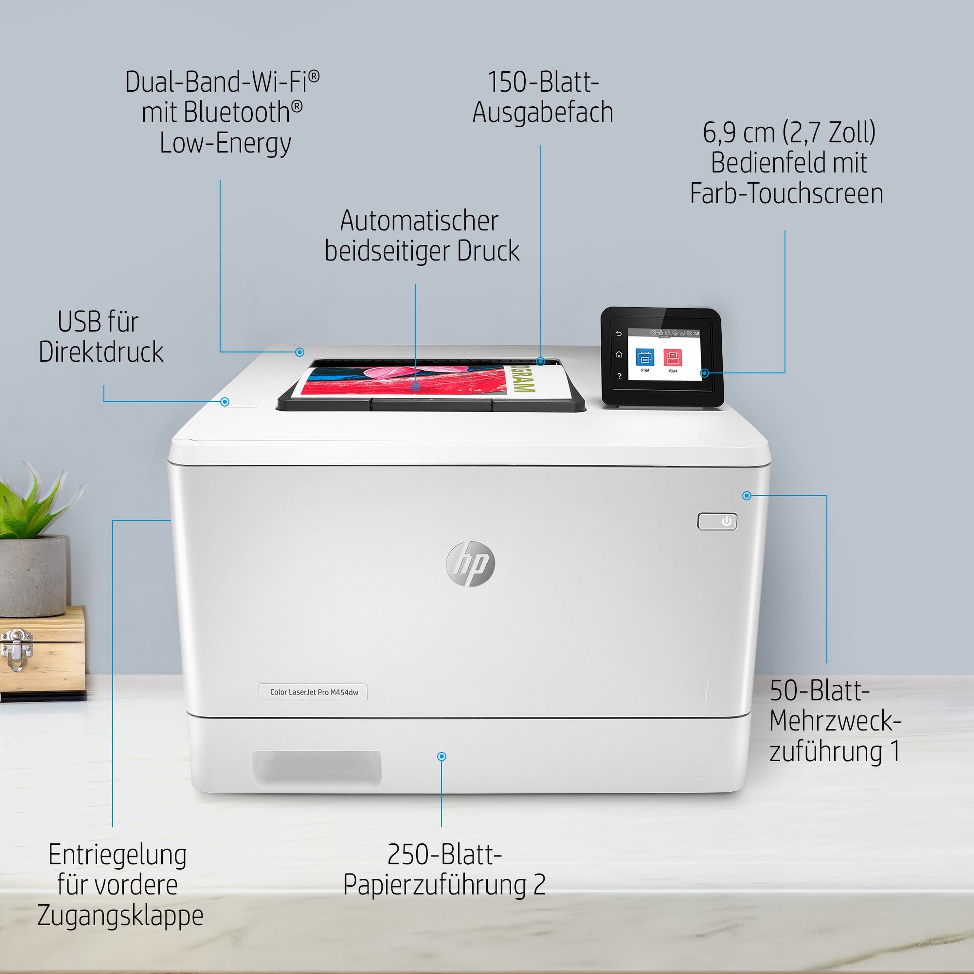 HP Color LaserJet Pro M454dw – A4, Farbe, Duplex, 27 S./Min., 600 × 600 dpi, WLAN/LAN/USB, Papier: 300 Blatt