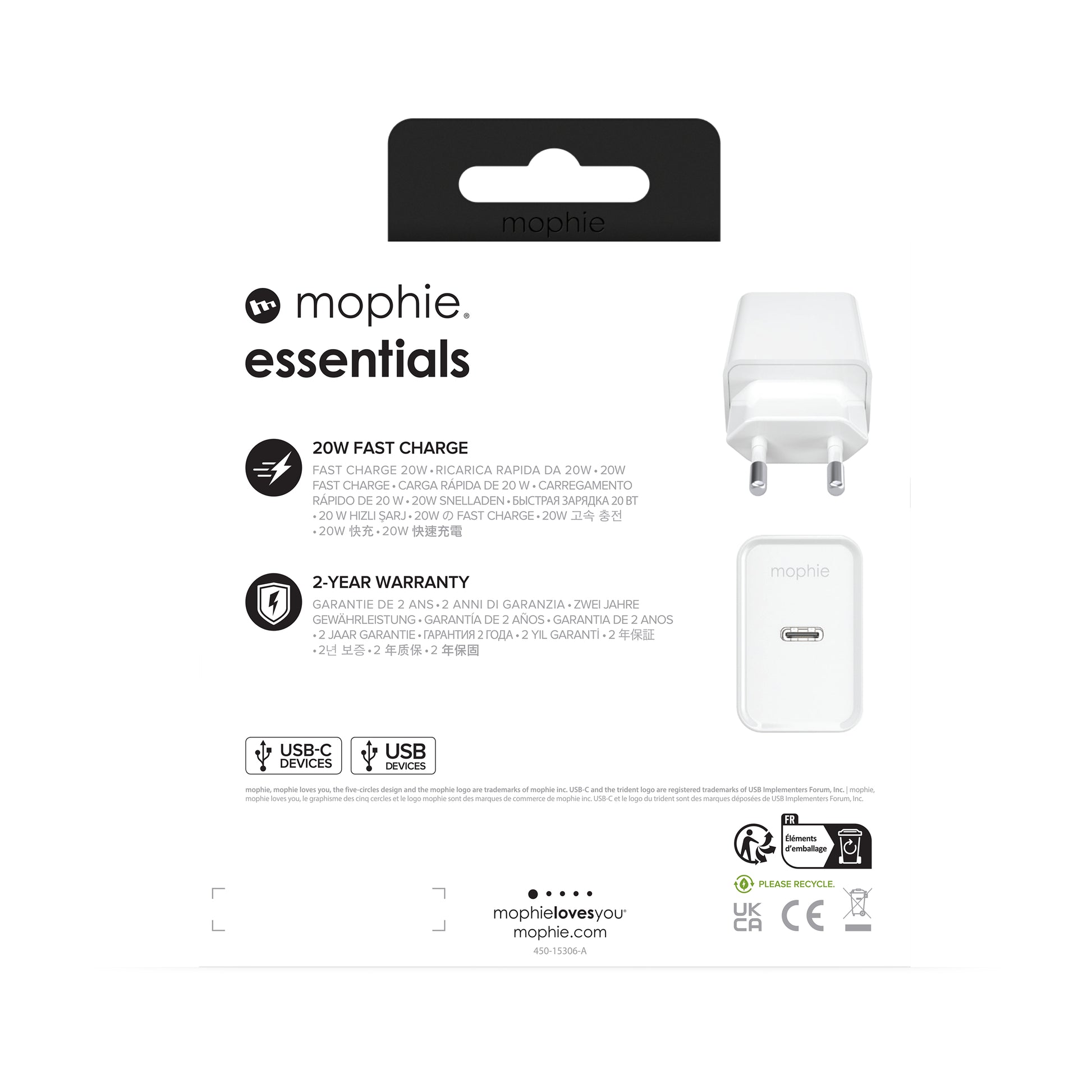 mophie essentials 20W USB-C PD Wandadapter – Schnellladung, Weiss