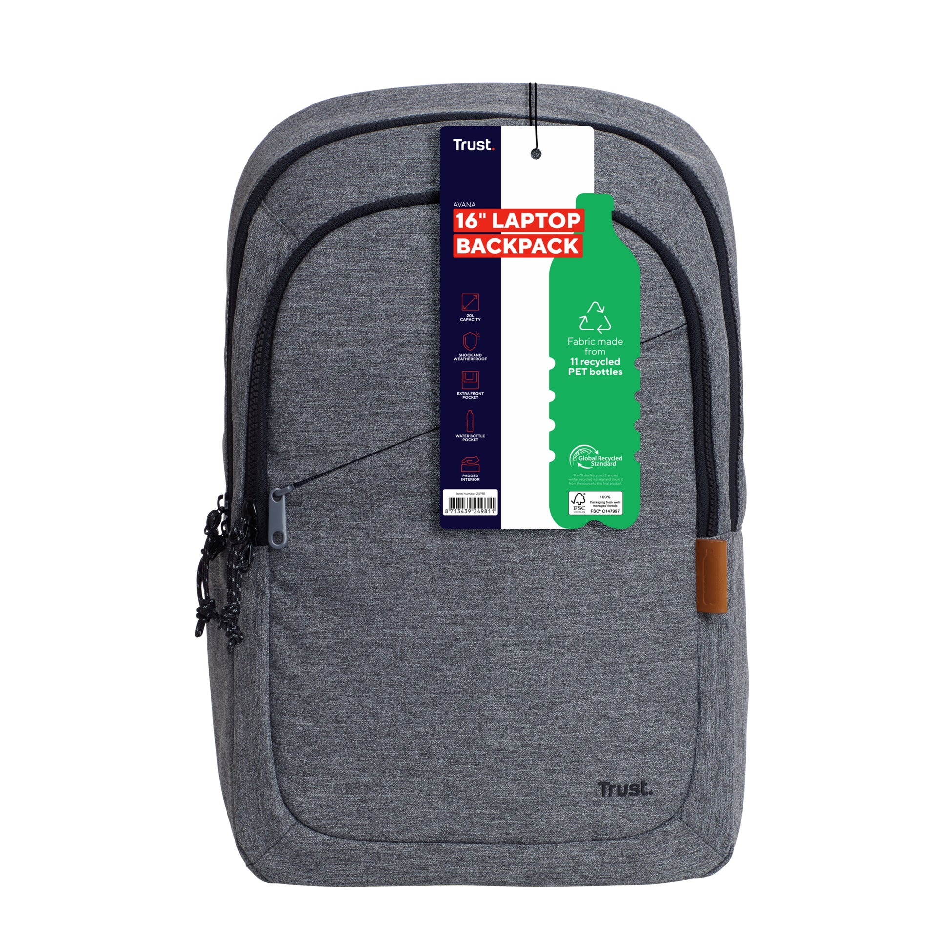 Trust Avana – Notebook-Rucksack – für 16"-Notebook, 20 l, rPET, grau