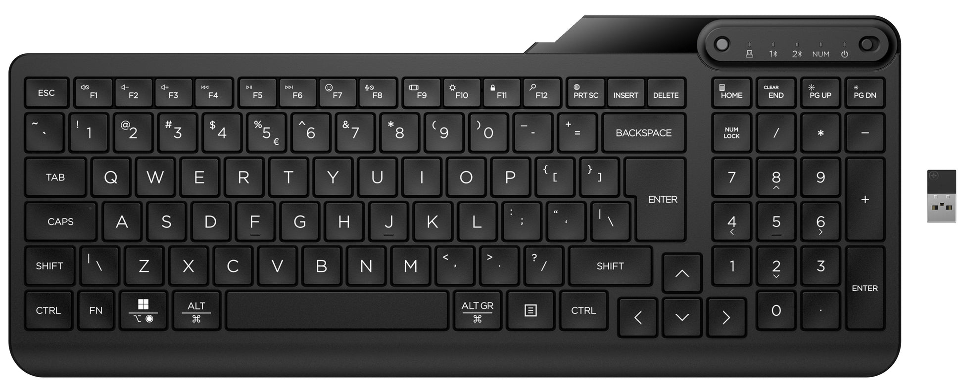 HP 475 Dual-Mode Wireless Tastatur – Membran – Bluetooth & 2,4 GHz (USB-A Empfänger) – Schwarz
