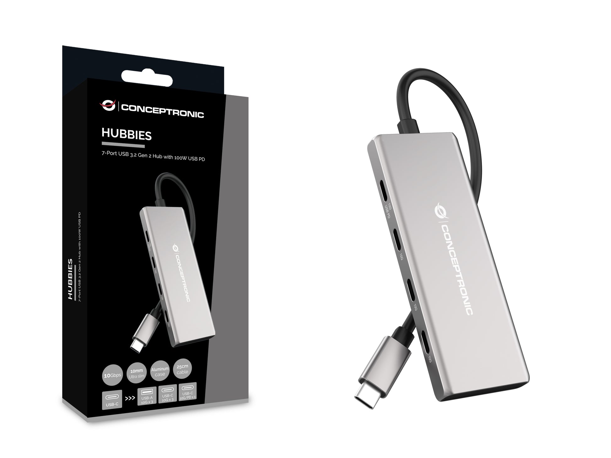 Conceptronic HUBBIES17G USB-Hub – USB-C, 4× USB-C, 3× USB-A, 100 W PD, für Windows/Mac/Android