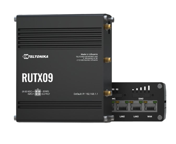 Teltonika RUTX09 Router – LTE‑A (Cat 6), Dual‑SIM, 3× Gigabit‑Ethernet (RJ‑45), GNSS, 9–50 V