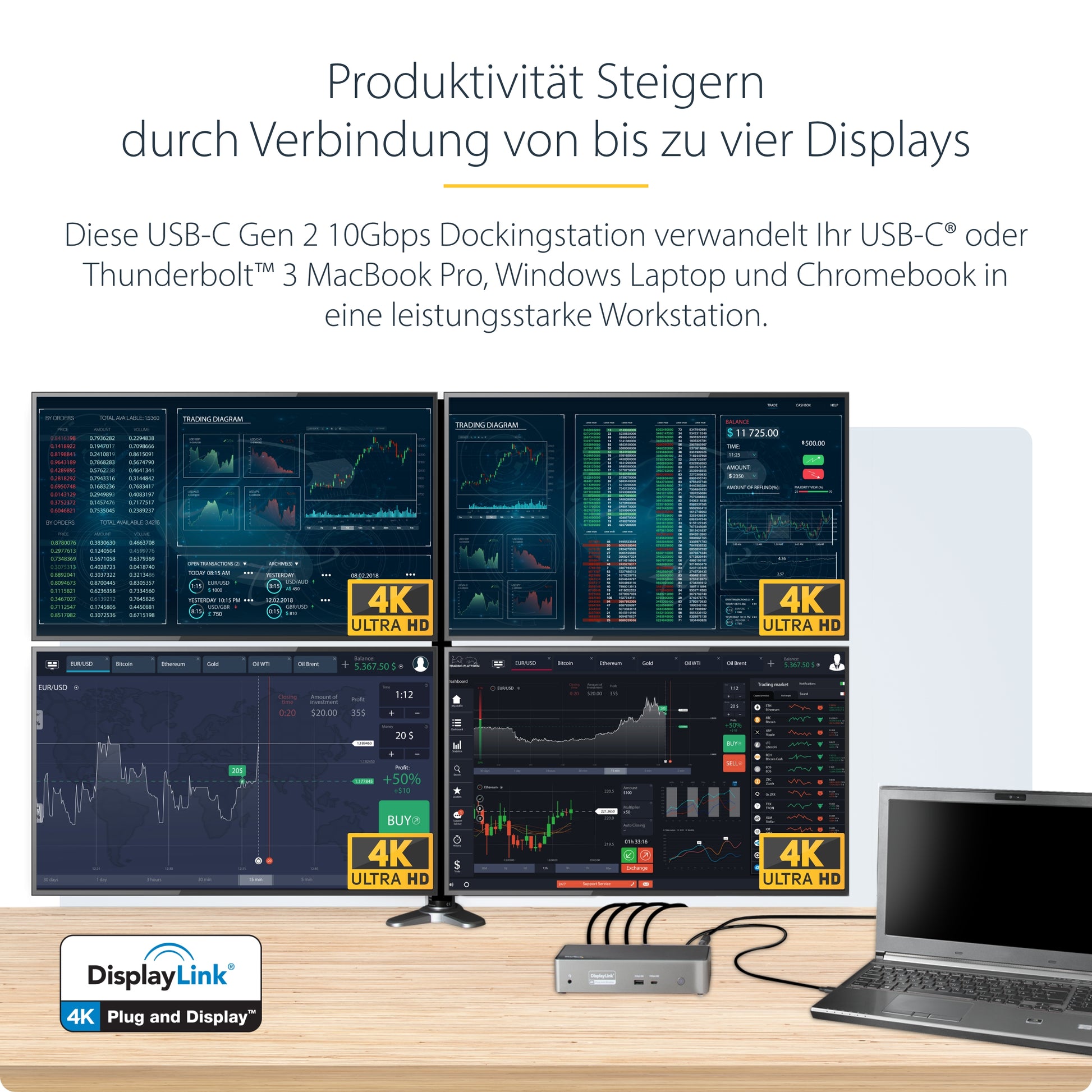 StarTech.com Dockingstation – USB-C, 4× DP, 4× HDMI, 3× USB-A, 100 W PD, GbE, 3,5 mm Audio, für Windows/Mac
