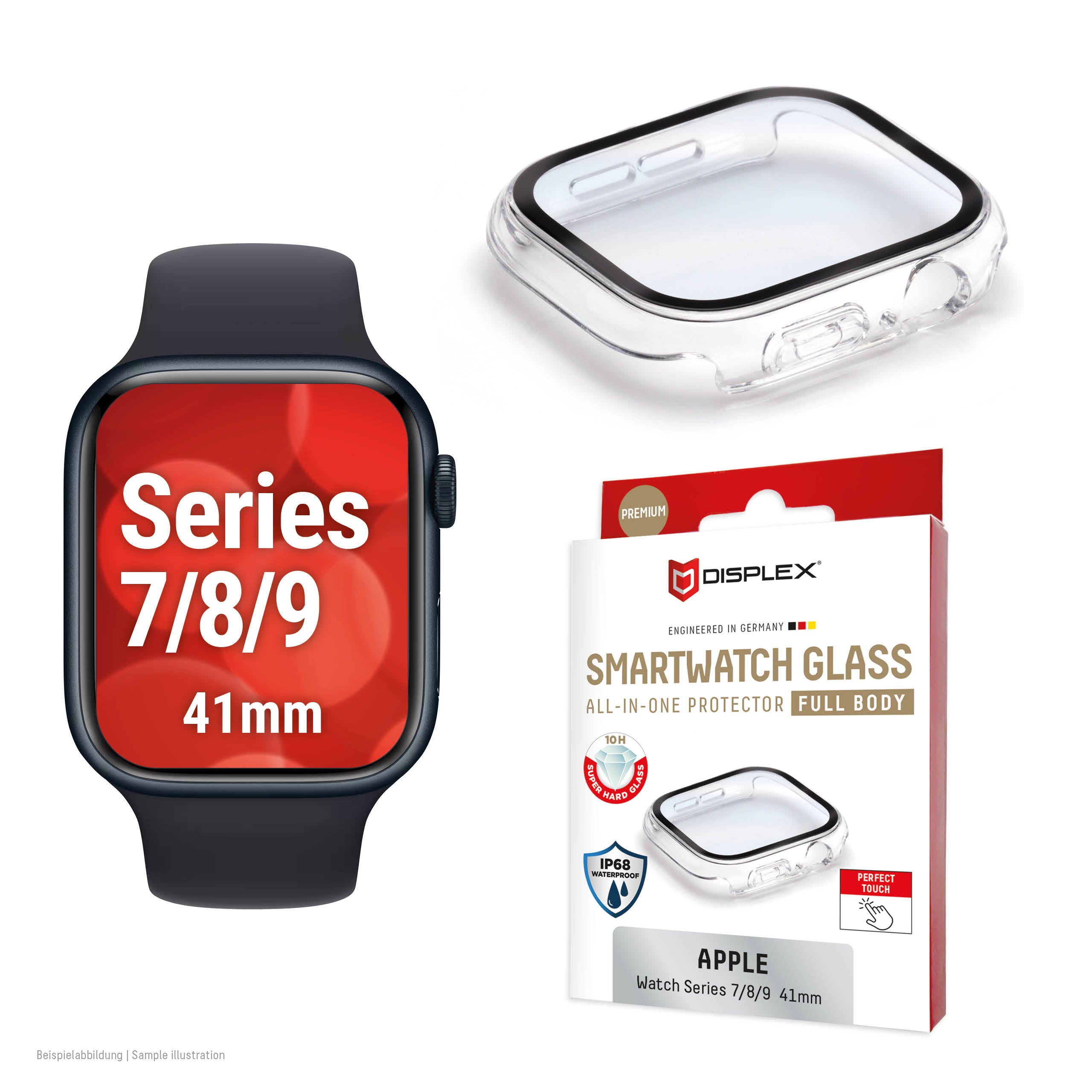 E.V.I. Displayschutz für Apple Watch 7/8/9 (41 mm) – Transparent, Polycarbonat, gehärtetes Glas, 1 Stück