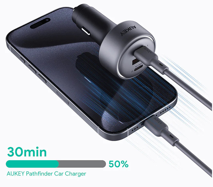 AUKEY Pathfinder CC-P3 Auto-Ladegerät 100 W – USB-C×2, USB-A×1 – PD, PPS – für Zigarettenanzünder – Schwarz