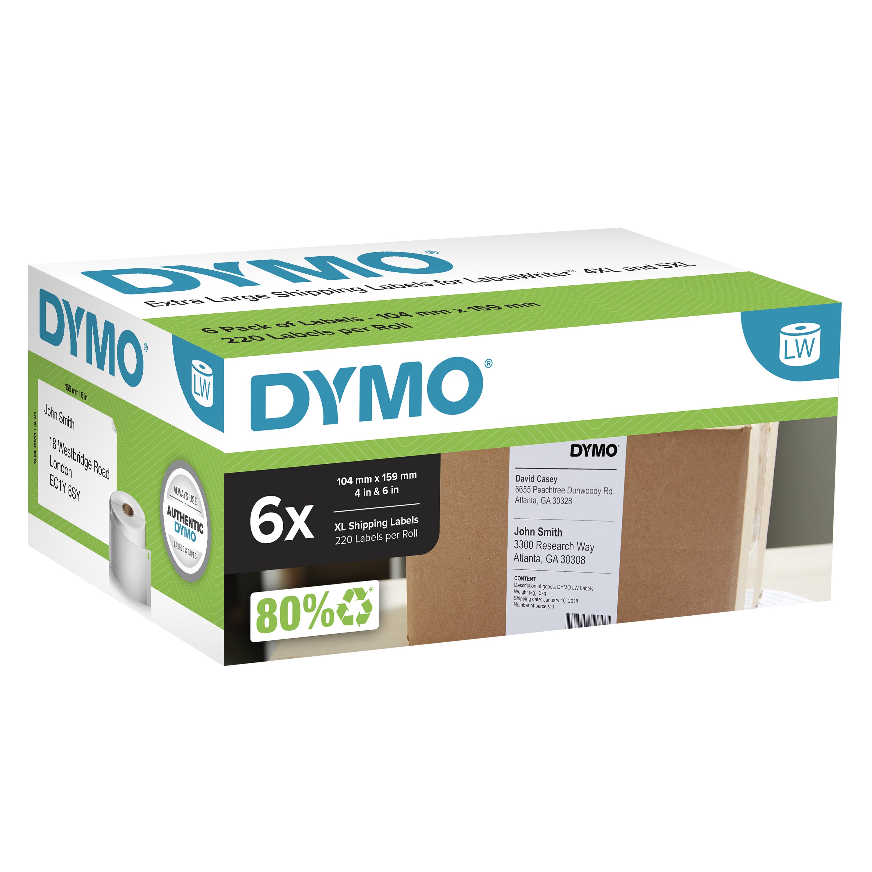 DYMO 2238107 – Etiketten (Rolle) 104 × 159 mm – permanent haftend – 220 Etiketten/Rolle, 6 Rollen/Pack