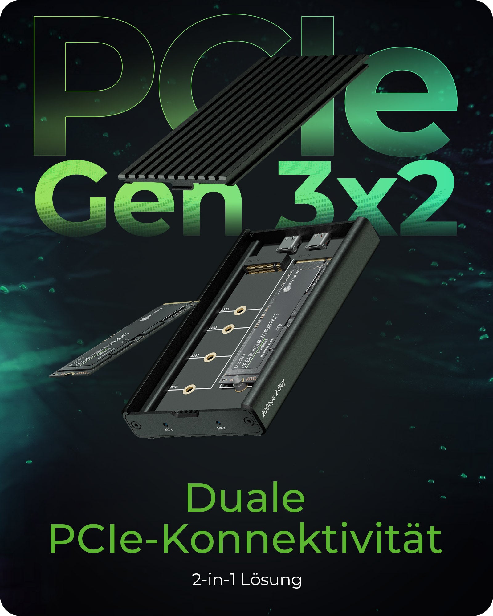 ICY BOX IB-2817M-C32 – 2-Bay Desktop SSD-Gehäuse – für M.2 22×30/42/60/80 mm, NVMe, PCIe 3.0