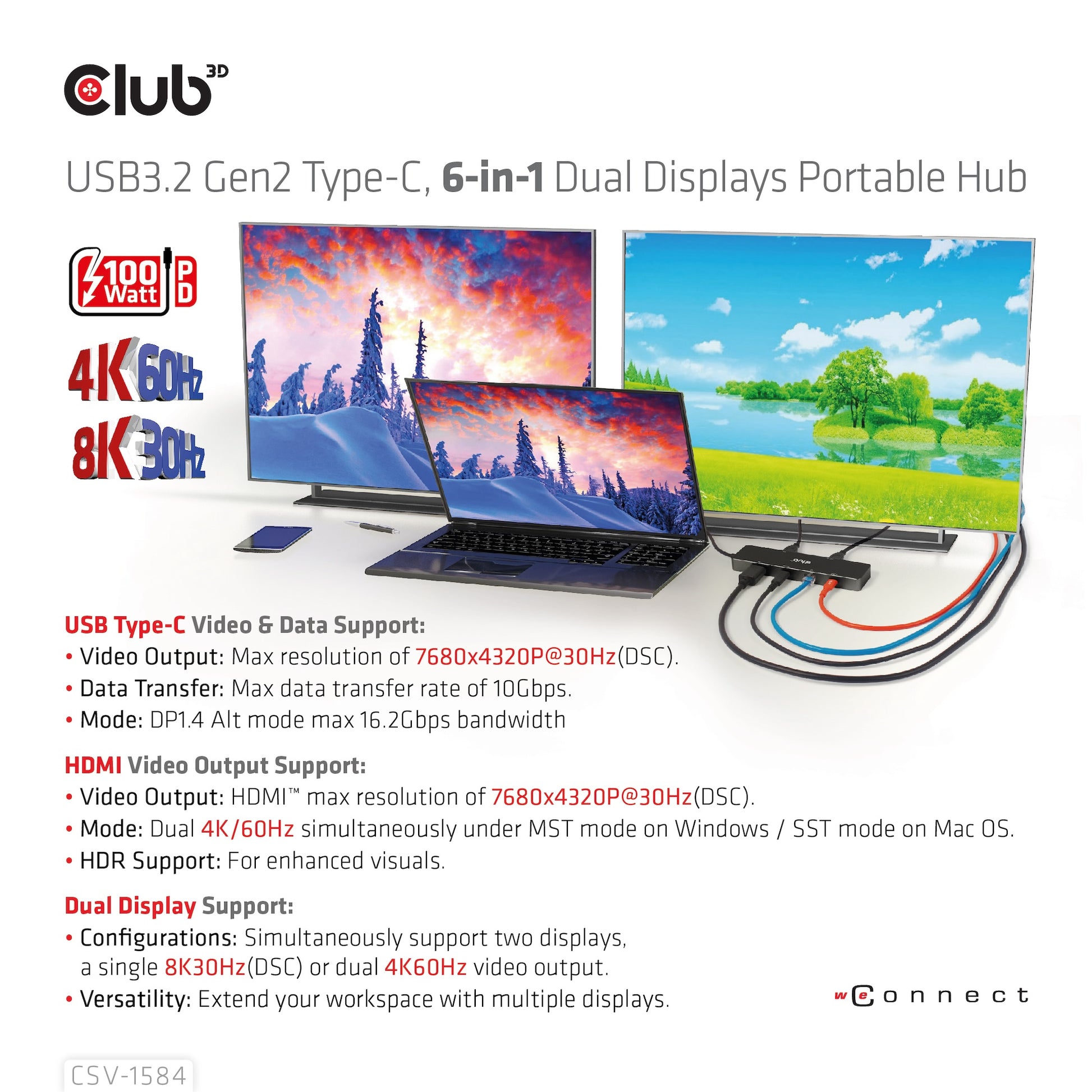 CLUB3D Club 3D Dockingstation – USB-C, 1× DP, 1× HDMI, 2× USB-A, 100 W PD, GbE, für Universal