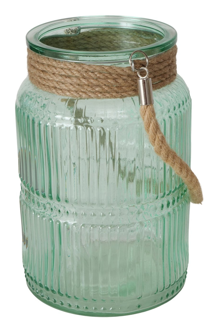 Boltze Windlicht – Glas & Jute & Textil, grün – Ø 13,5 × 21 cm