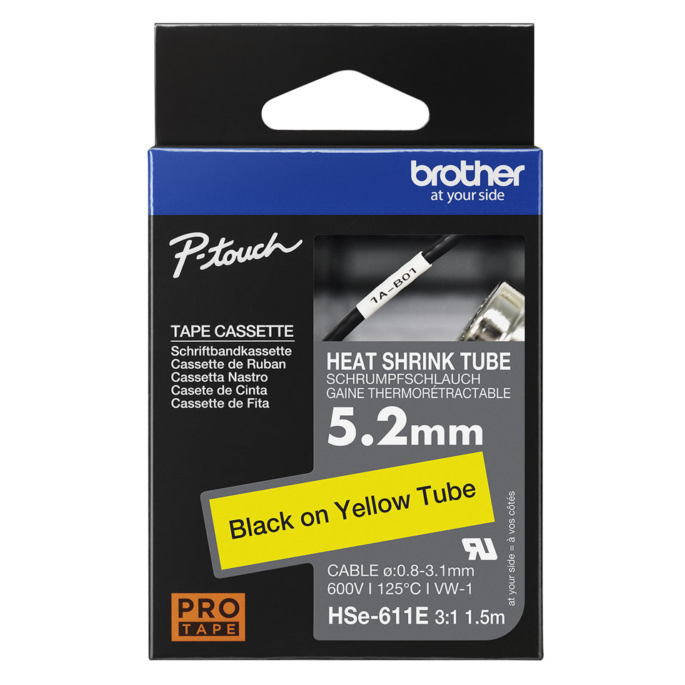 Brother HSe-611E Schrumpfschlauch – Schwarz auf Gelb – Ø 0,8–3,1 mm – für Brother
