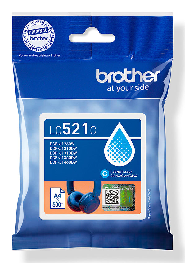 Brother LC521C Cyan Tintenpatrone (Original) – 500 Seiten – für Brother DCP-J1260W/1310DW/1313DW …