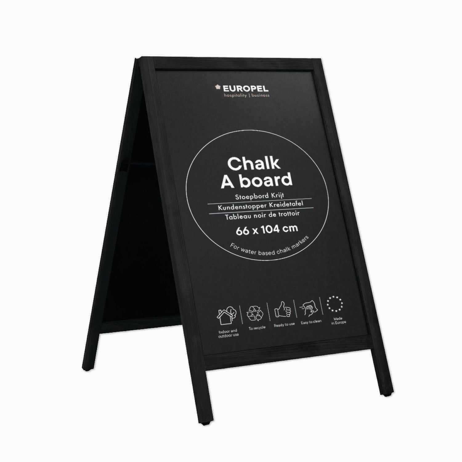 Europel Kundenstopper – 660 × 1'040 mm – Kieferholzrahmen, Melamin, schwarz – doppelseitig, für Kreidemarker