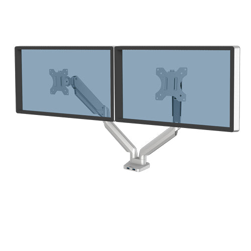 Fellowes Platinum Serie – Monitorarm, Dual, bis 32", VESA 75 × 75/100 × 100 mm, 8 kg, Kabelmanagement, Silber
