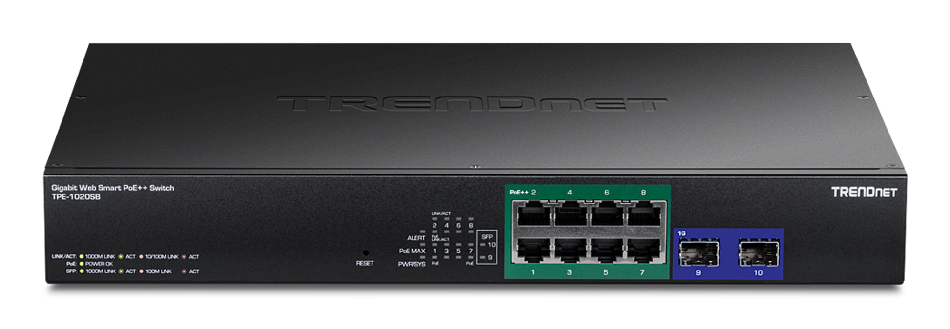 TRENDnet TPE-1020SB – Smart L2+ Switch – 8× 1G, 2× SFP, PoE++, PoE-Budget 180 W, 19", 1U