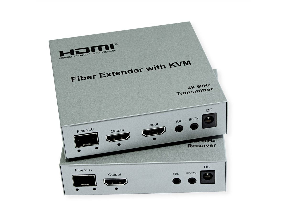 ROLINE KVM-Extender über LWL – 4K (3840 × 2160) @ 60 Hz, HDMI, USB, bis 20 km, 2× SFP, IR/RS-232 – Silber