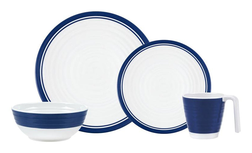 KOOR Geschirrset – 16-teiliges Set, Ø 26,5 cm, Melamin, Blau/Weiss, spülmaschinenfest, BPA-frei