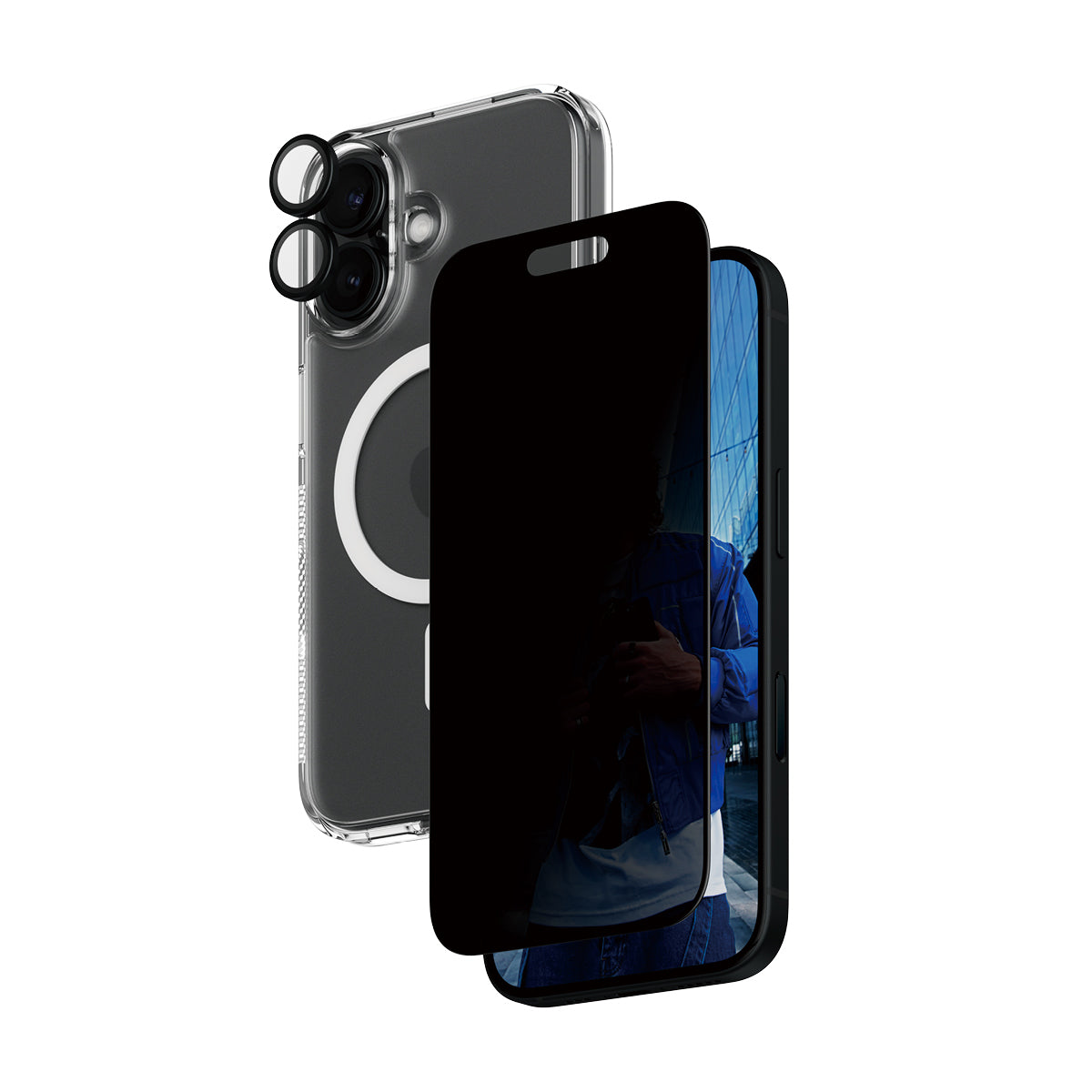 PanzerGlass Schutz-Set 3-in-1 Privacy-Filter – für Apple iPhone 16, kratzresistent, stossfest