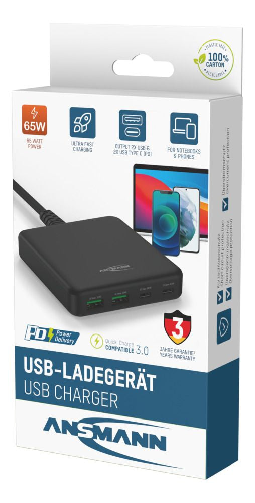 Ansmann DC465PD Netzteil – 65 W, 4× USB, PD, QC 3.0 – für Laptop, Smartphone