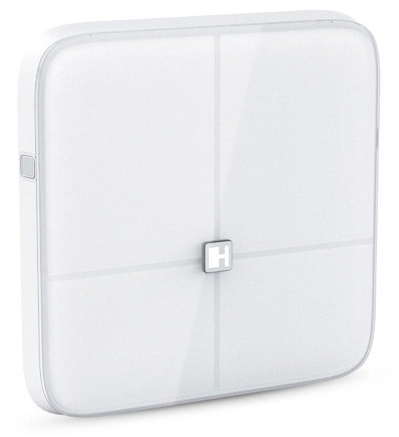 HAMMER Paketwaage Body Screen TX – Tragkraft 200 kg, Wiegefläche 31,5 × 31,5 cm, Batterie, Glas, Weiss