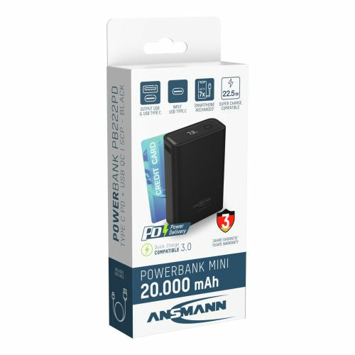 Ansmann PB222PD Powerbank 20'000 mAh – 22,5 W PD, 1× USB-C, 1× USB-A, schwarz