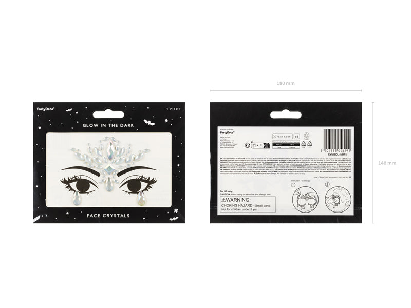 PartyDeco Face-Art Sticker Kristalle – Silber – 9,5 × 8,5 cm – Acryl – 1 Paar – Leuchten im Dunkeln