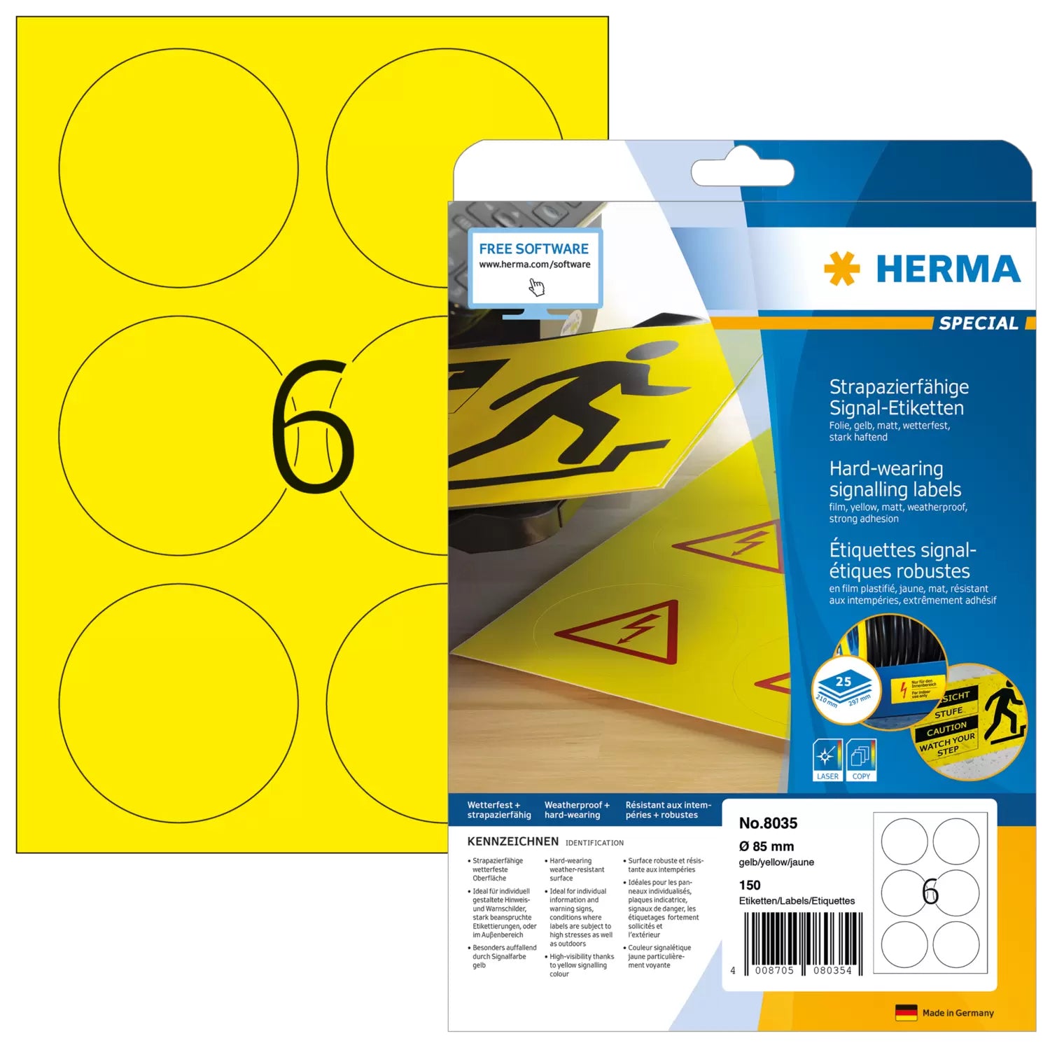HERMA Rundetiketten, Ø 85 mm, gelb, Folie, extra stark, 25 Blatt (150 Etiketten)