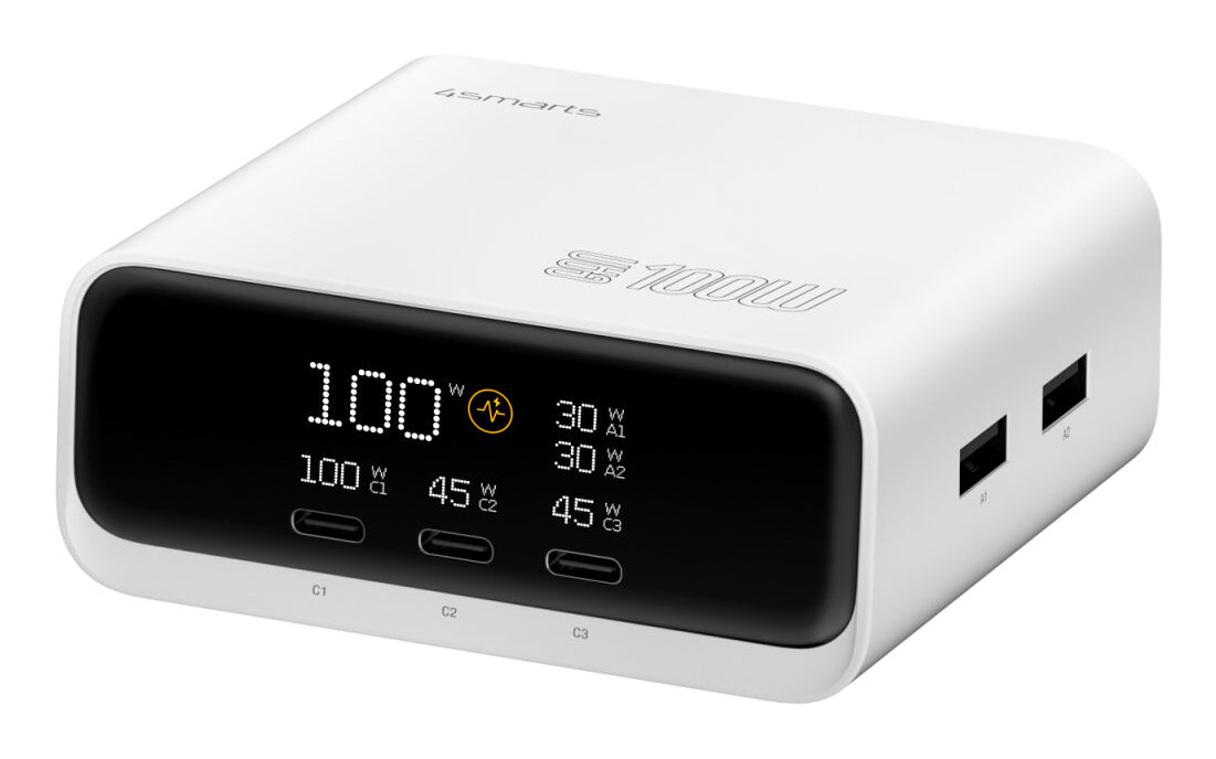 4smarts Desk Charger GaN Screen – 100 W, 3× USB-C + 2× USB-A – für Nintendo Switch, Laptop, Smartphone