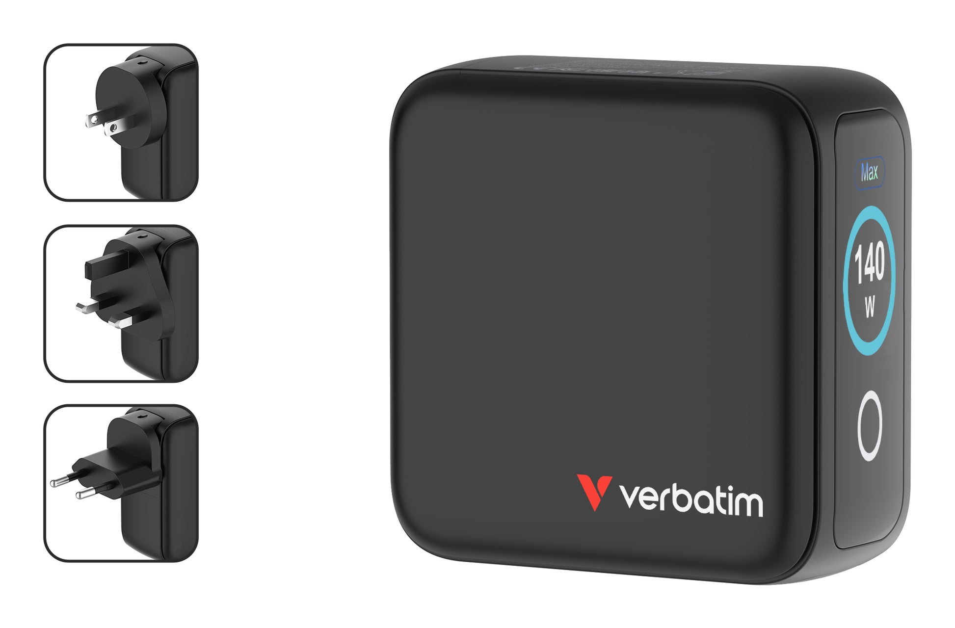 Verbatim 30240 USB-Desktop-Ladegerät 140 W – USB-C×3, USB-A×1 – PD 3.0, PPS, QC 3.0, GaN – EU/UK/US