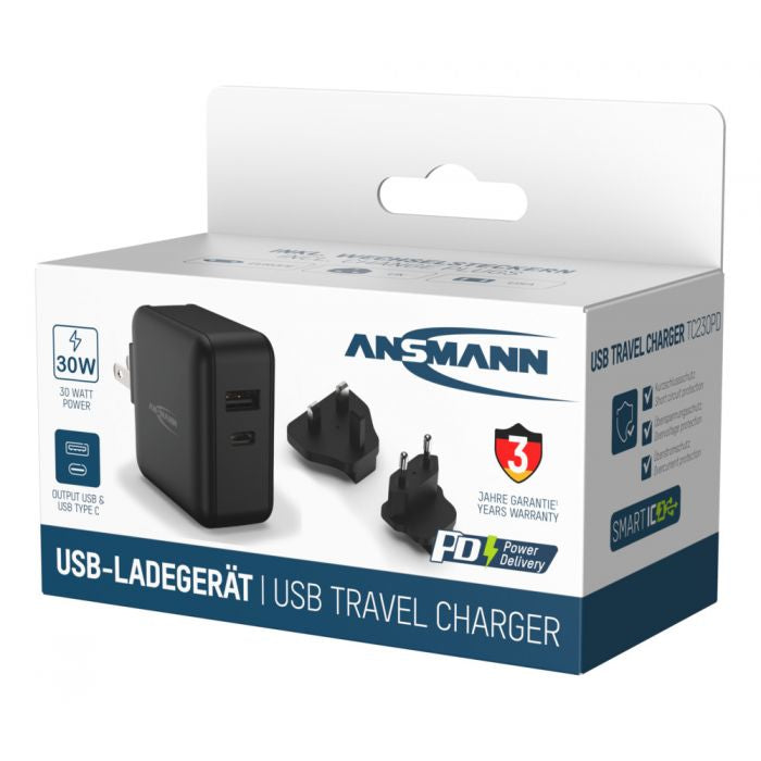 Ansmann Travel Charger TC230PD USB-Wandladegerät 30 W – USB-C×1, USB-A×1 – Schwarz