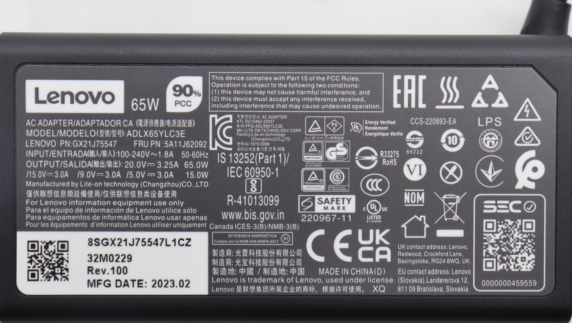 Lenovo 5A11J62092 USB-Ladegerät 65 W – USB-C×1 – PD – für Lenovo-Laptops – schwarz