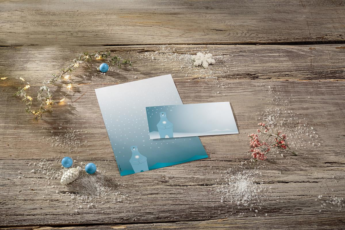 Sigel Weihnachts-Couvert C5/6, Eisbär mit Kerze, Blau, Nassklebung, 90 g/m² – 25 Stk.