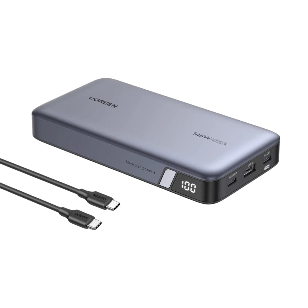 Ugreen Powerbank 25000 mAh, PD 145 W, 2× USB-C, 1× USB-A, LED-Display, für Smartphones, Grau
