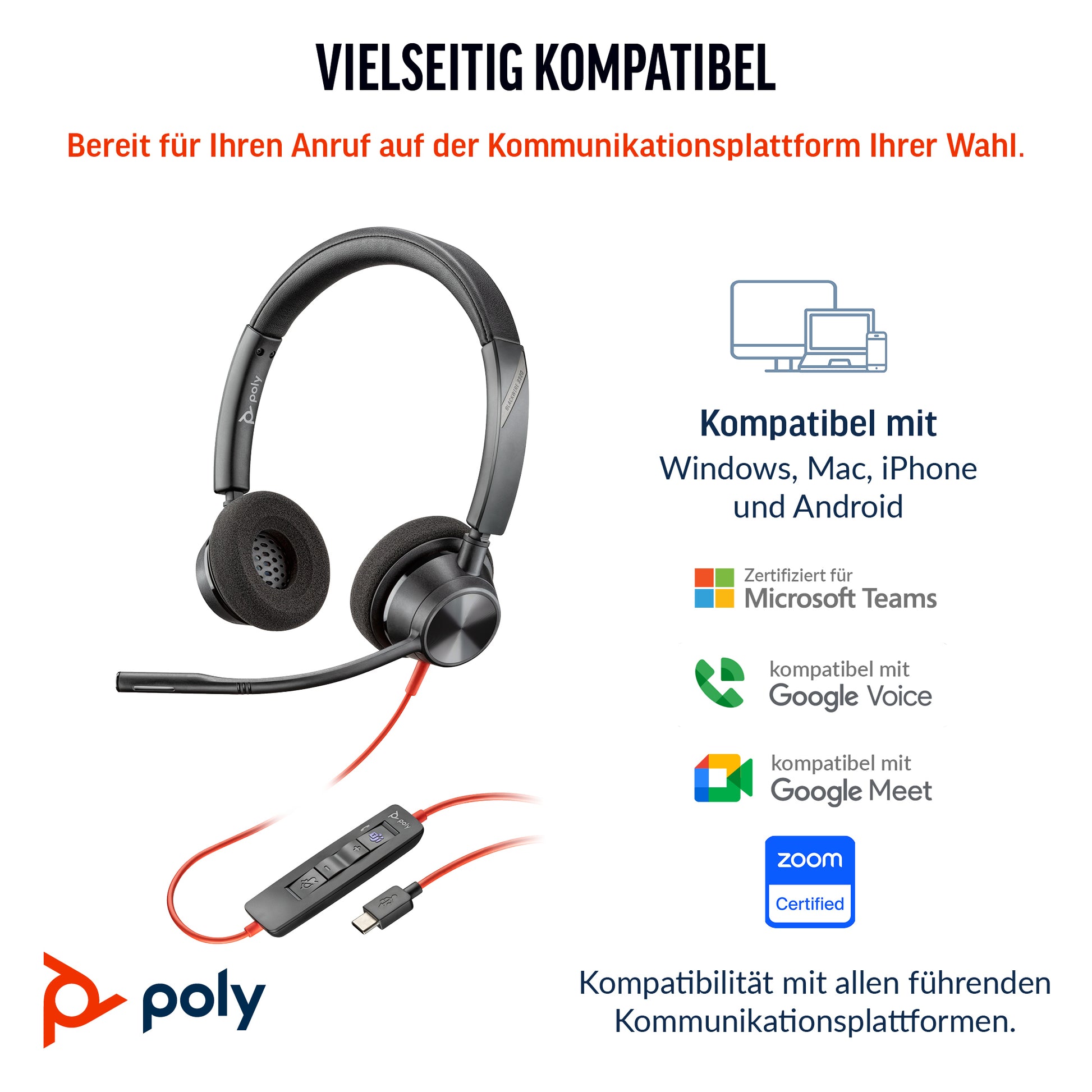 HP Poly Poly Blackwire 3320 Office-Headset – Over-Ear, Stereo, Kabel (USB-C), MS Teams zertifiziert, Schwarz