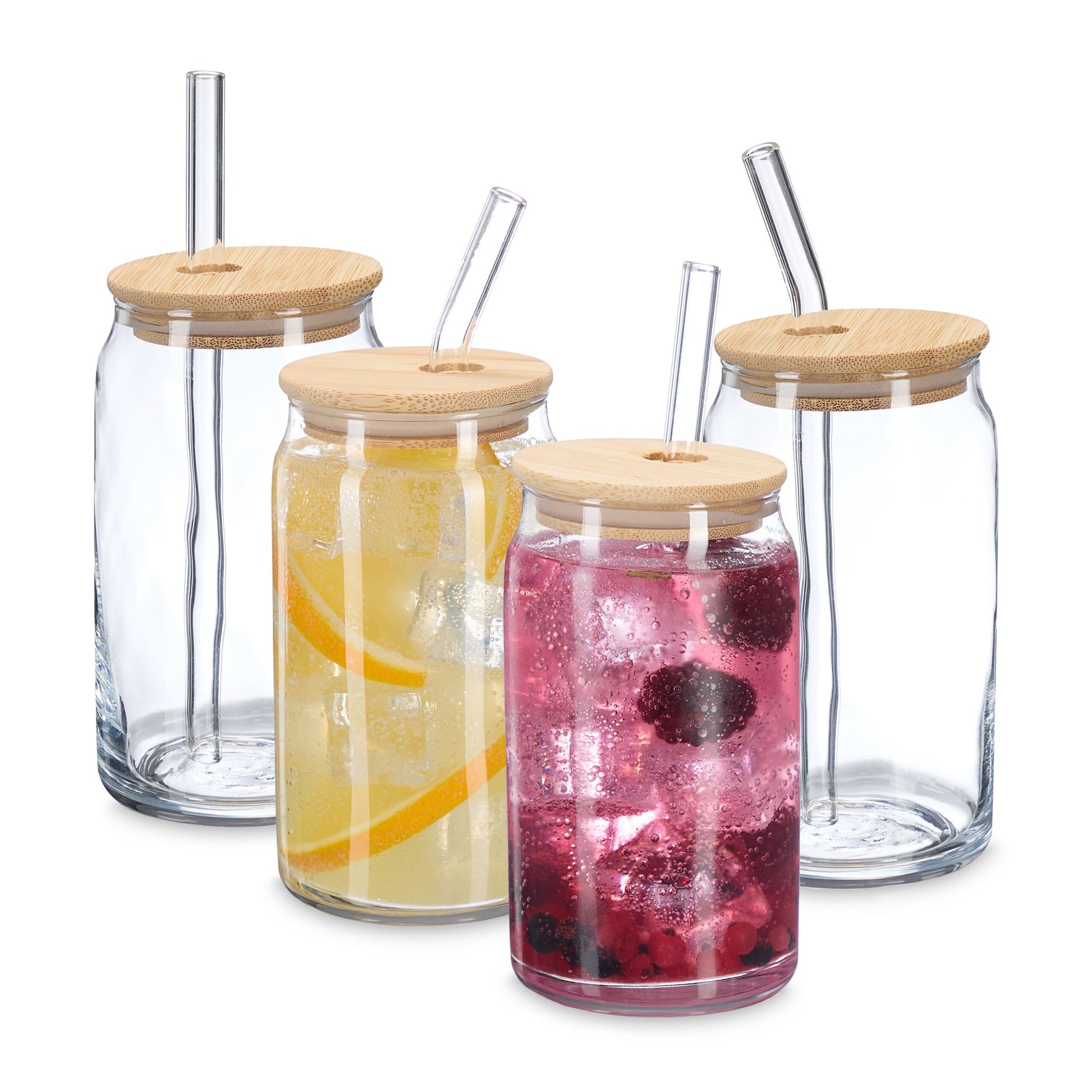 Relaxdays Trinkgläser – 4er Set, 450 ml, H 14,0 cm, Glas, Hellbraun, mit Deckel, inkl. Strohhalm