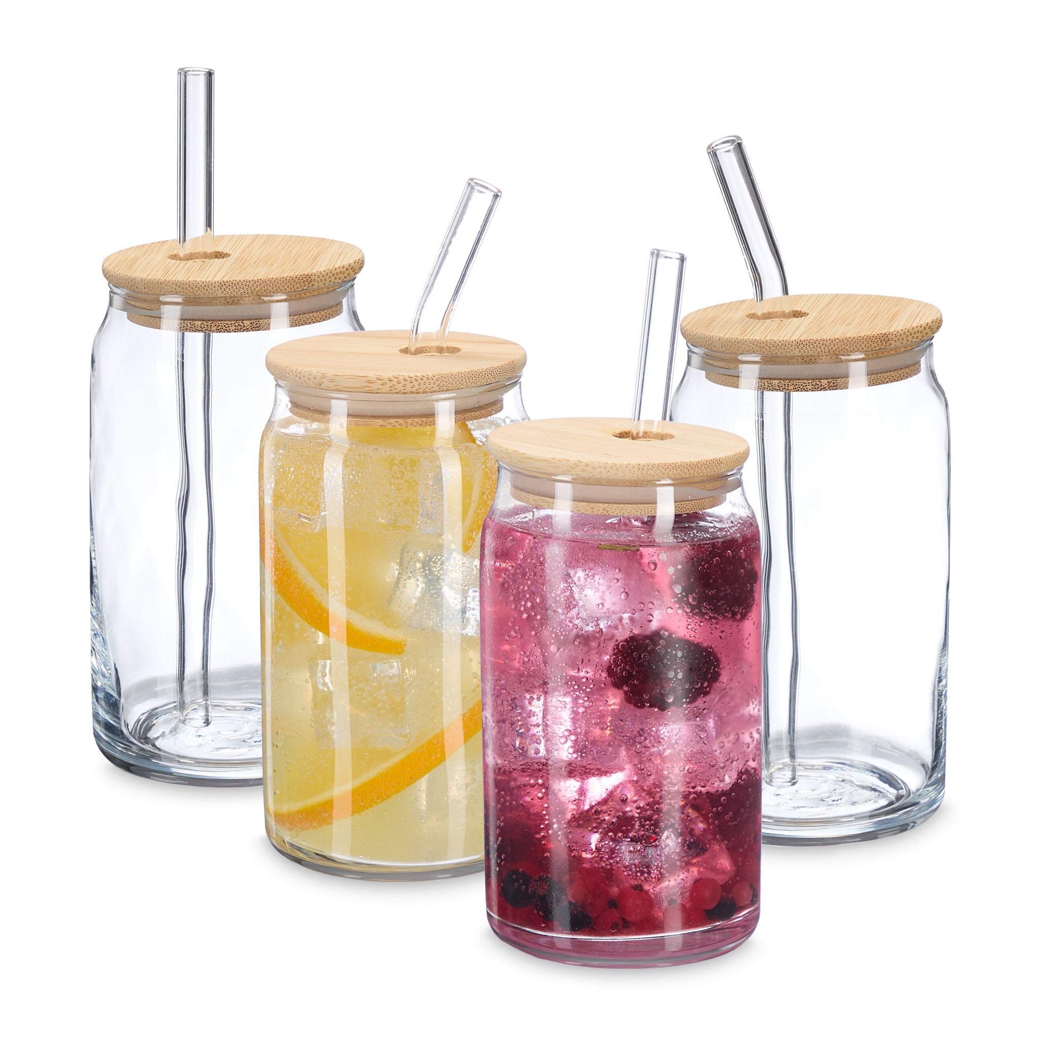 Relaxdays Trinkgläser – 4er Set, 450 ml, H 14,0 cm, Glas, Hellbraun, mit Deckel, inkl. Strohhalm