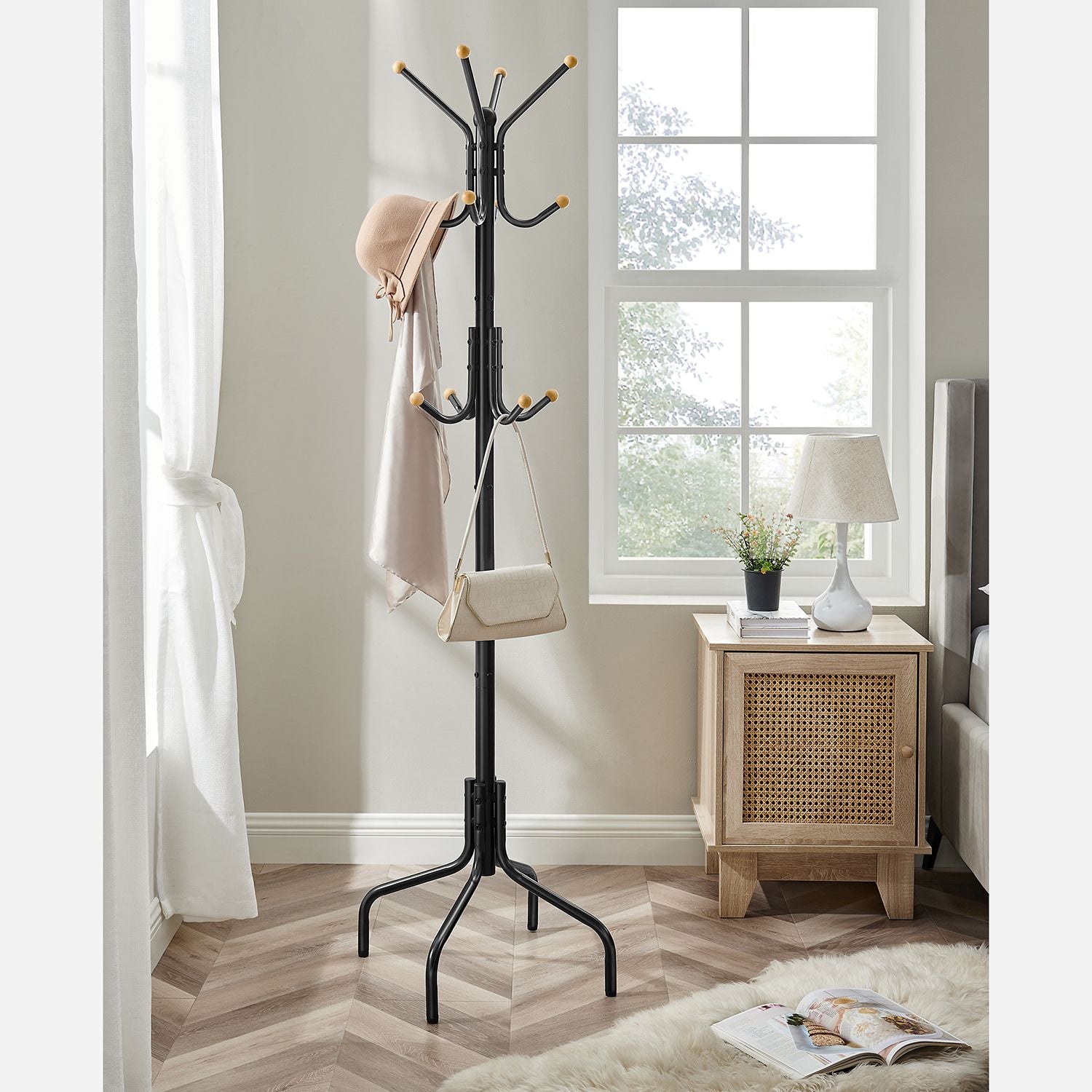 Songmics Garderobenständer – 12 Haken, Stahl, Schwarz, 55 × 55 × 180 cm