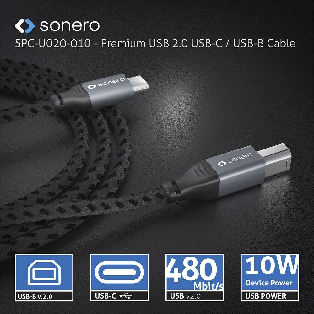 Sonero – USB-C auf USB-B Kabel – USB 2.0 (480 Mbit/s) – 3 m – Geflochten – Schwarz/Grau