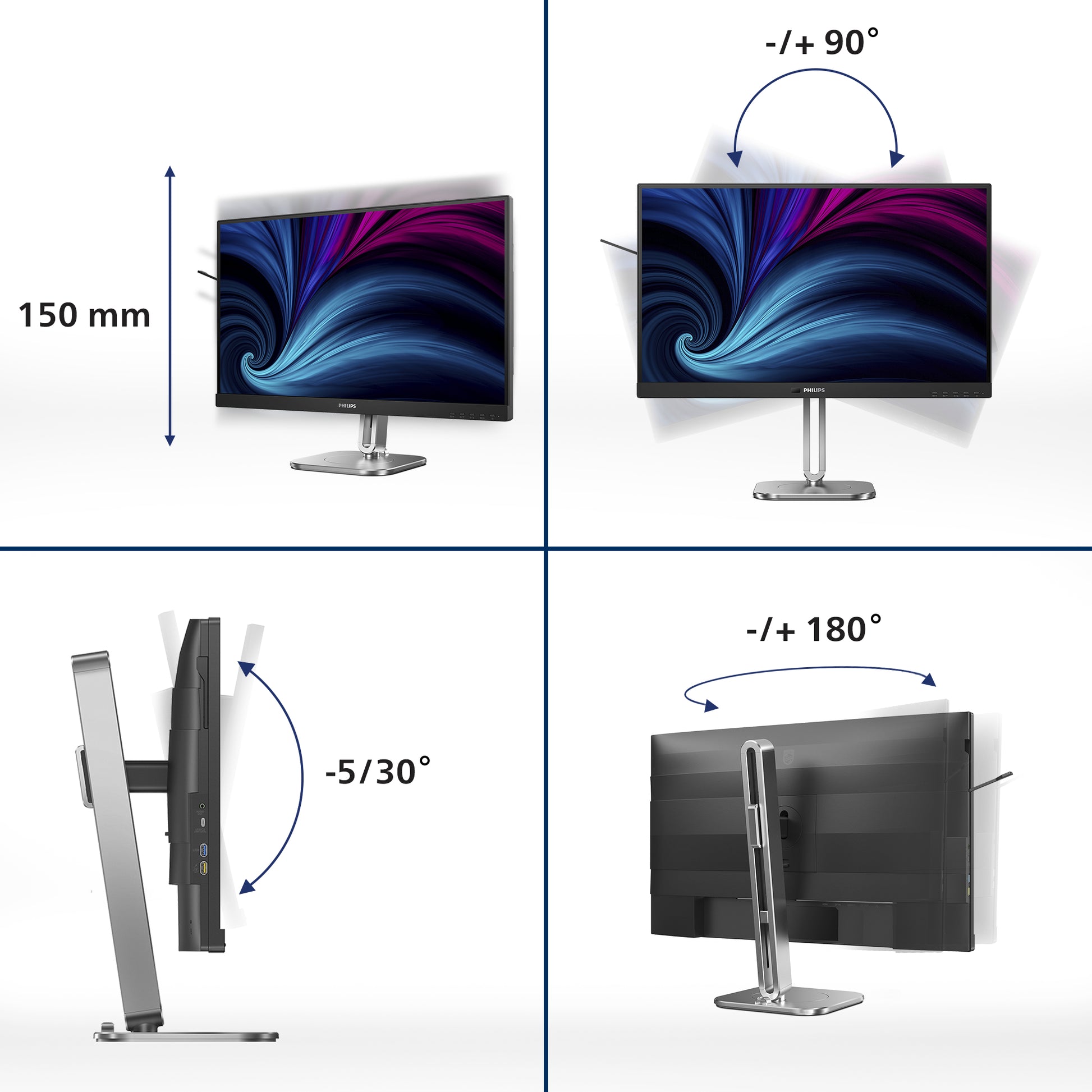 Philips 27B2U4601/00 – Monitor, 27", IPS, 120 Hz, USB-C (PD 100W), Pivot, Lautsprecher, Dunkelgrau