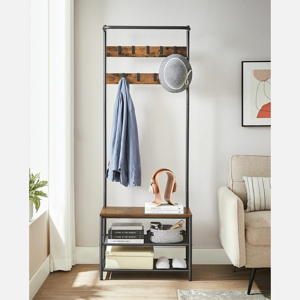 Vasagle Garderobe mit Schuhregal – 9 Haken, Stahl/Spanplatte, Schwarz/Braun, 64 × 32,2 × 180 cm