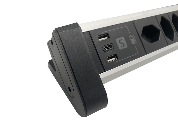M. Schönenberger Schönenberger Alu-Office-Line Steckdosenleiste – 4× T13, USB‑A/C, 2 m, mit Schalter, Schwarz/Silber