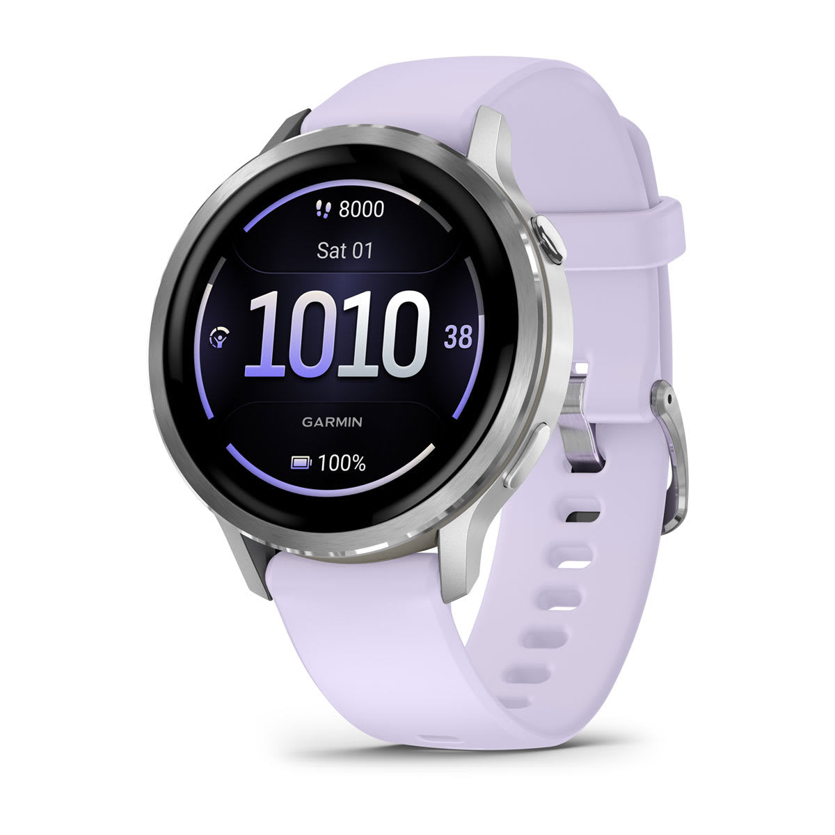 Garmin Venu 4 – Smartwatch – 41 mm, GPS, AMOLED, Gorilla Glass, 5 ATM, Silber/Lavendel, Sportarmband