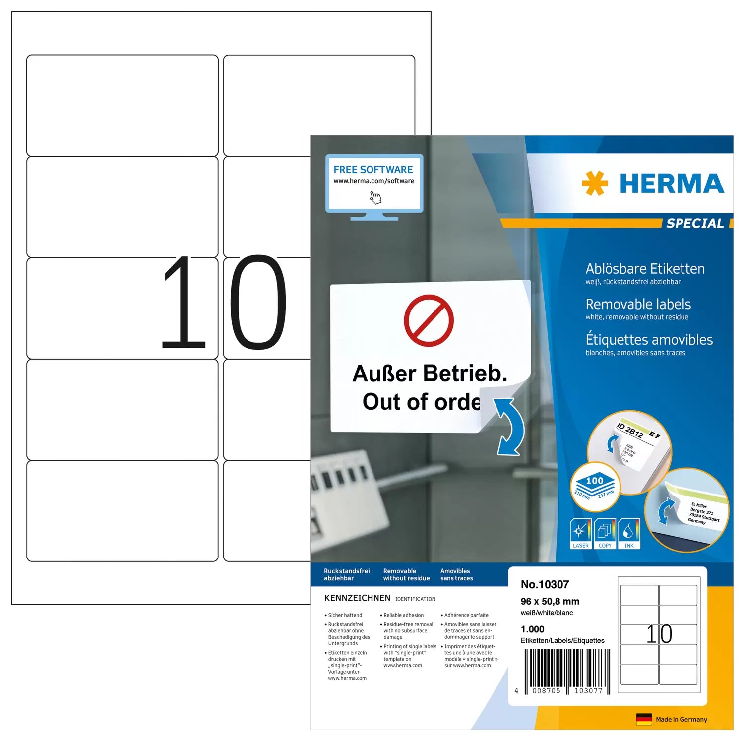 HERMA Adressetiketten, 96 mm × 51 mm, weiss, Papier, ablösbar, 100 Blatt (1000 Etiketten)