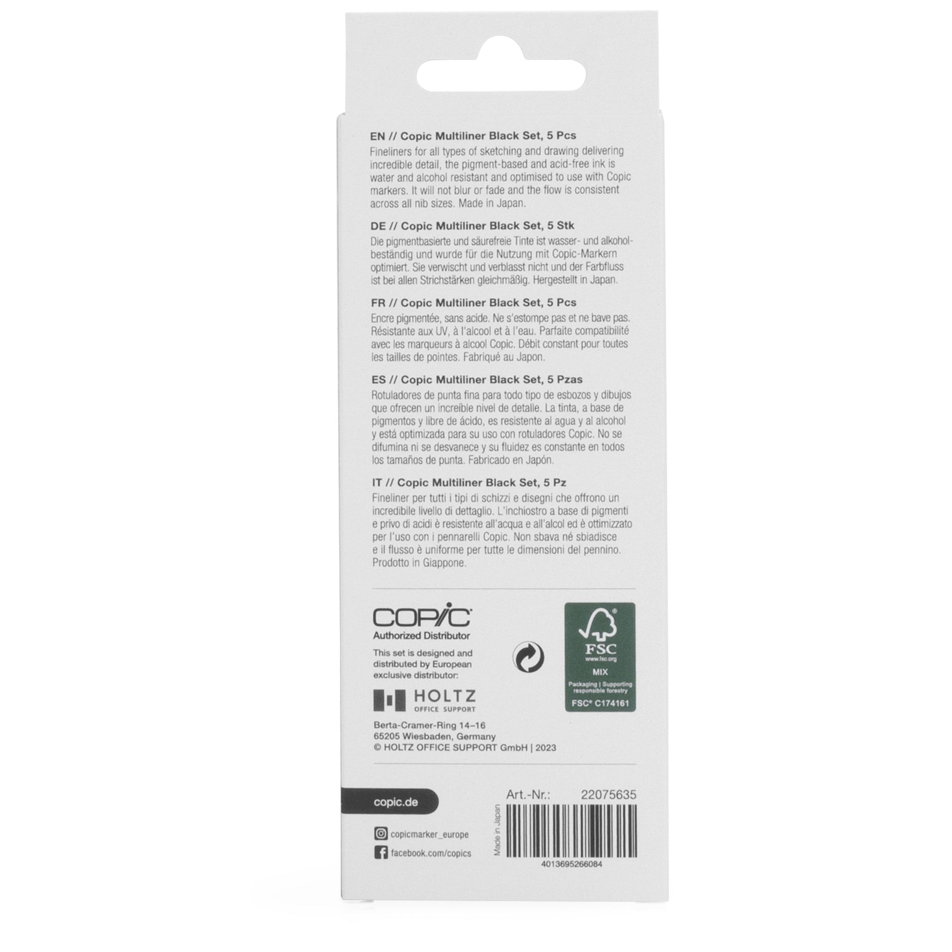 Copic Multiliner Fineliner Set – 5 Stk., 0,05–0,8 mm, schwarz, wasserfest