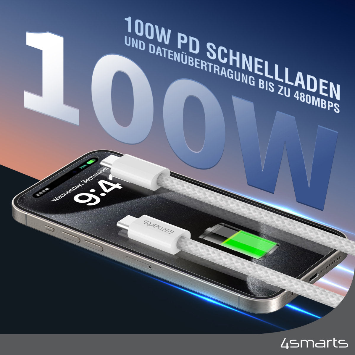 4smarts USB-C auf USB-C Kabel – USB 2.0 (480 Mbit/s) – 1,5 m – PD 100 W – Magnetisch, Geflochten – Weiss