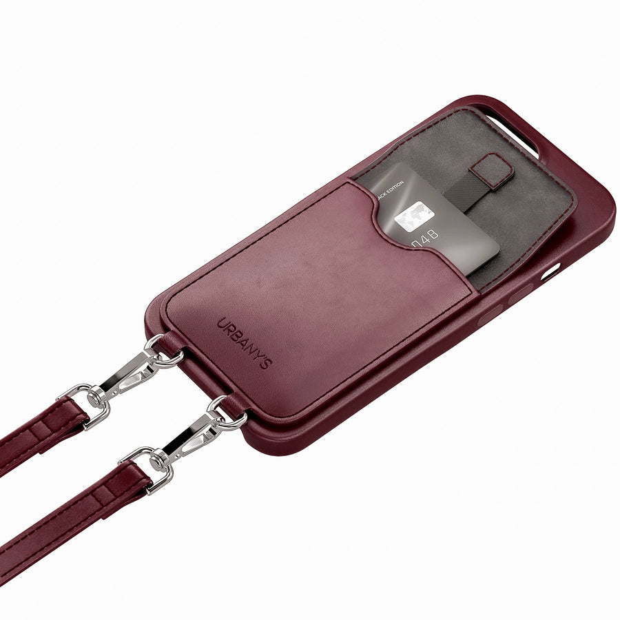 Urbany's Halskettenhülle – für Apple iPhone 16 Pro – Bordeaux – Recycling-Leder – mit Kartenfach